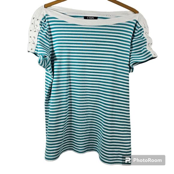 Chaps Women's Teal/White Striped Lace-Up Shoulder Tee Size Large - Picture 1 of 11